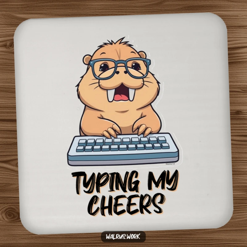 Funny drink coaster showcasing a walrus wearing glasses, typing excitedly on a keyboard, adding digital humor to any surface.