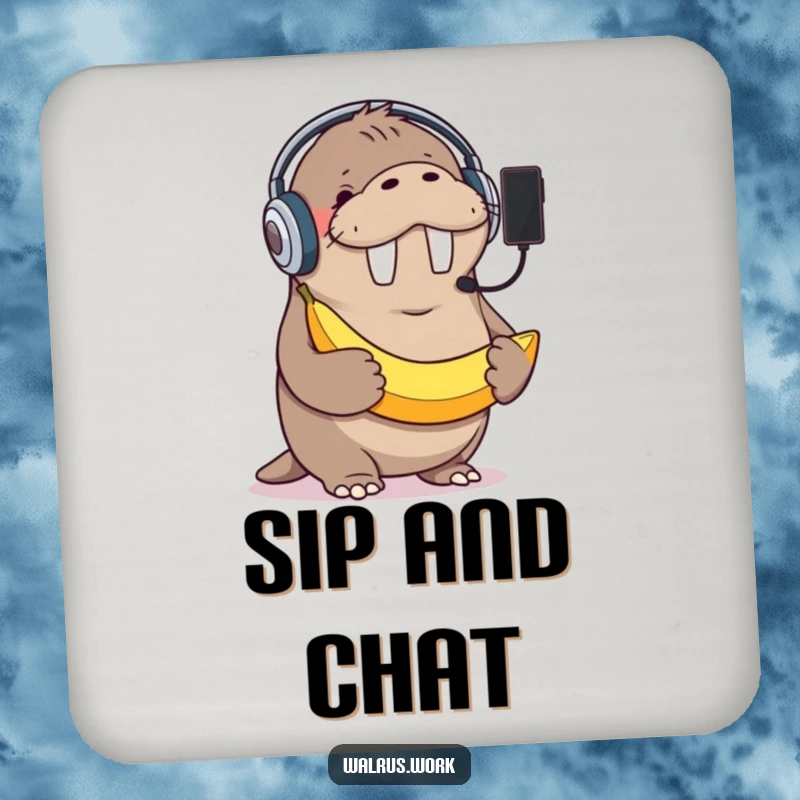 Funny drink coaster with a giggling walrus in a headset, holding a banana as a phone, adding humorous tech flair.