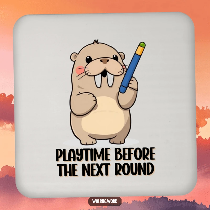 Funny drink coaster with a walrus playfully batting at a dangling pen, protecting surfaces with a humorous design.