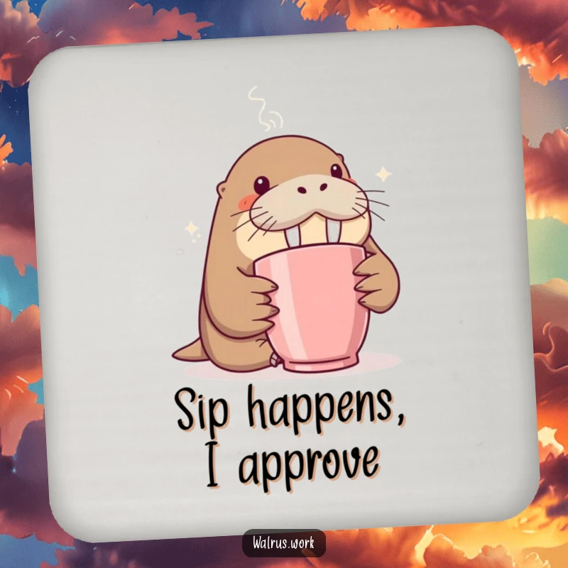 Funny drink coaster with a walrus curiously sniffing coffee steam, protecting surfaces with a humorous design.