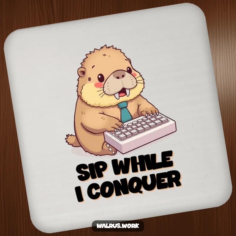 Funny drink coaster with a fluffy walrus wearing a tie, typing excitedly on a miniature keyboard, adding office humor.