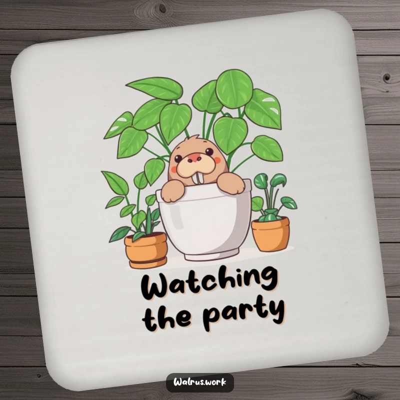 Funny drink coasters with a curious walrus peeking out from behind a large plant, offering humorous protection for surfaces.