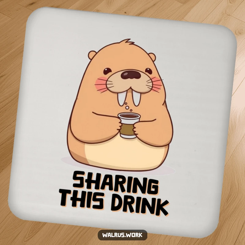 Funny drink coaster featuring a friendly walrus offering a small coffee cup with a nod, perfect for protecting surfaces with office humor.