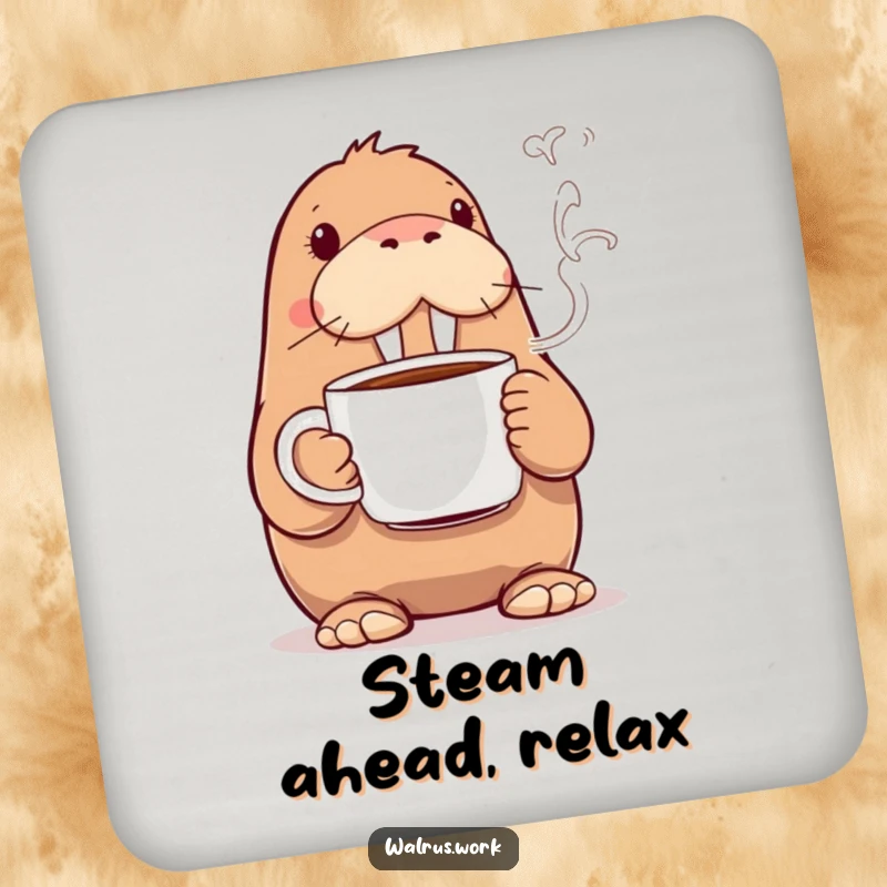 Funny walrus drink coaster depicting a walrus holding a steaming coffee mug, a humorous coaster for table protection and decor.