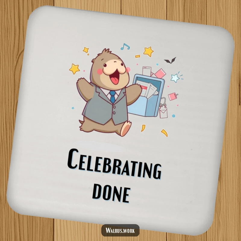 Funny drink coaster featuring a walrus in a tiny suit doing a celebratory jump near an overflowing inbox.