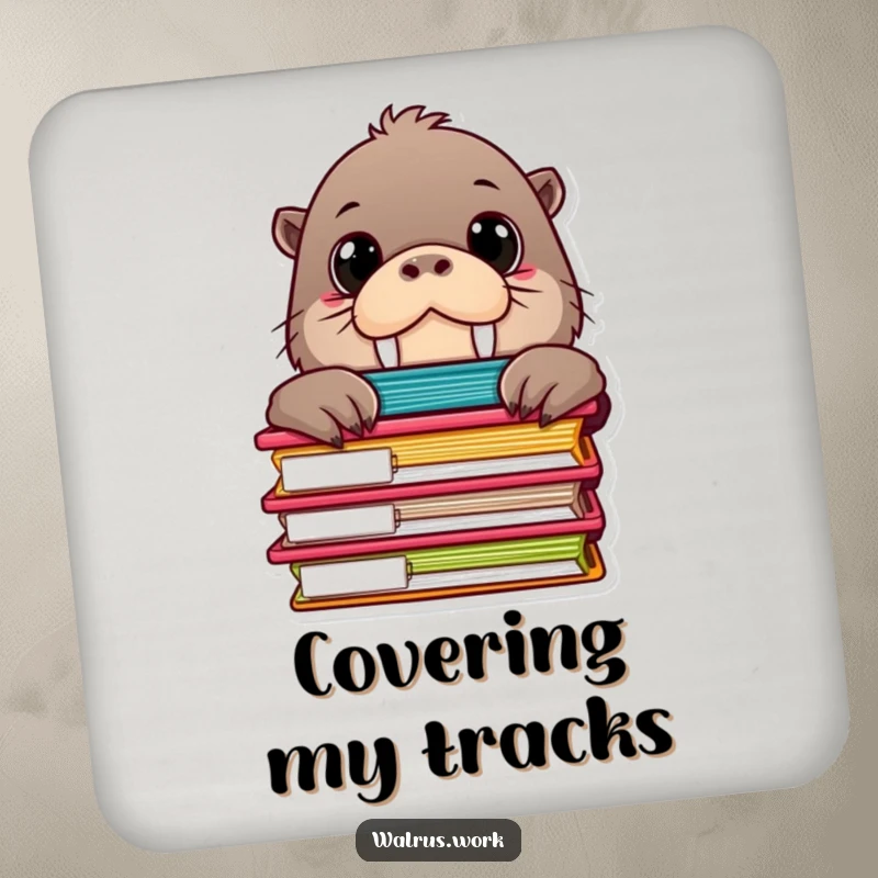 Funny drink coaster featuring a curious walrus character with big eyes, peeking from behind a stack of colorful file folders.
