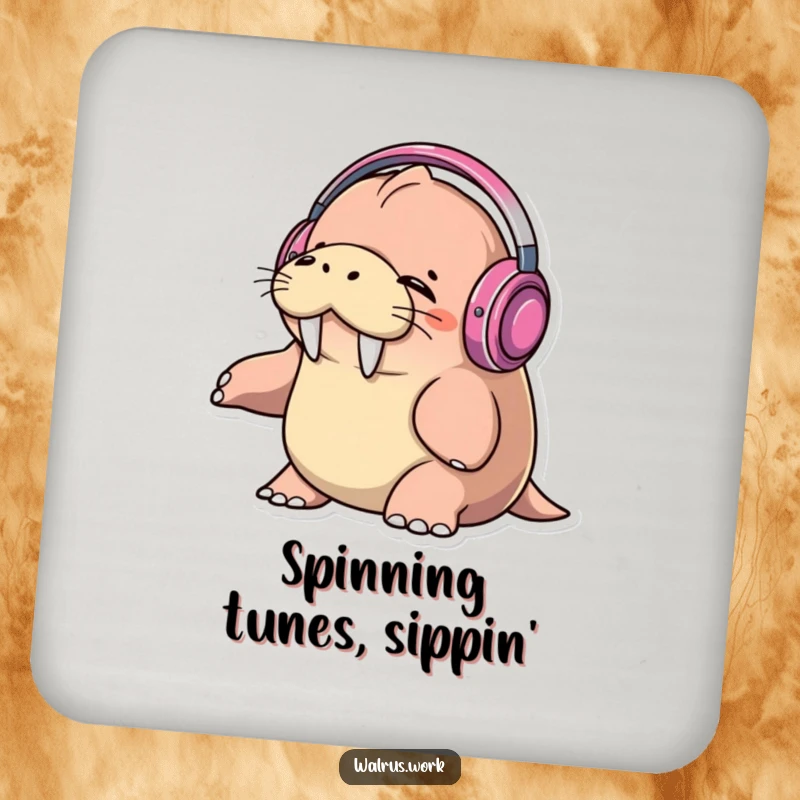 Funny walrus wearing headphones, eyes closed, bopping head to music on a drink coaster, protecting surfaces.