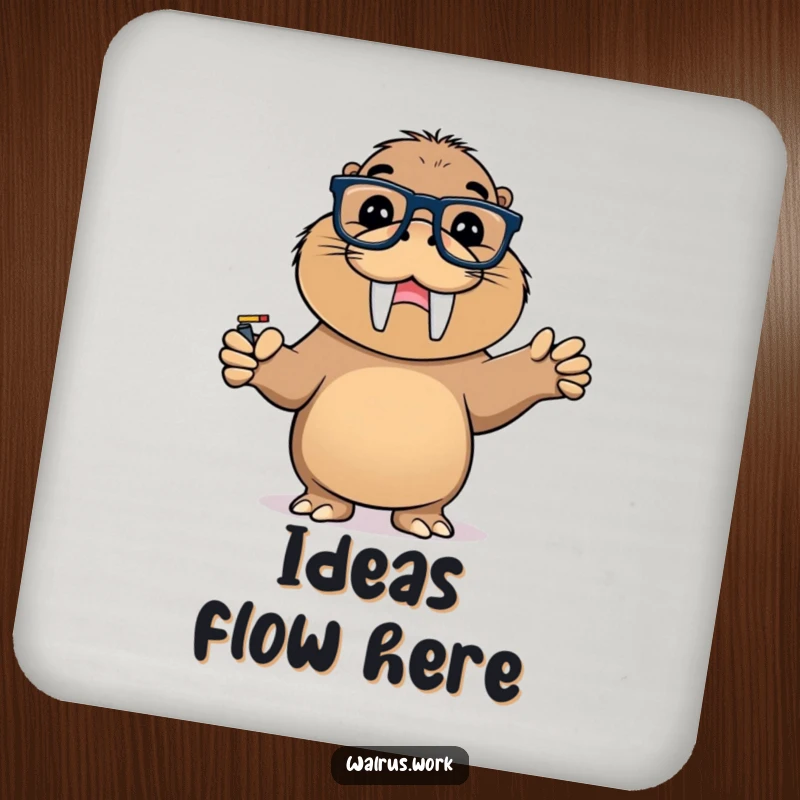 Funny drink coaster featuring a walrus with glasses pointing at a whiteboard with a triumphant grin. Adds humor.