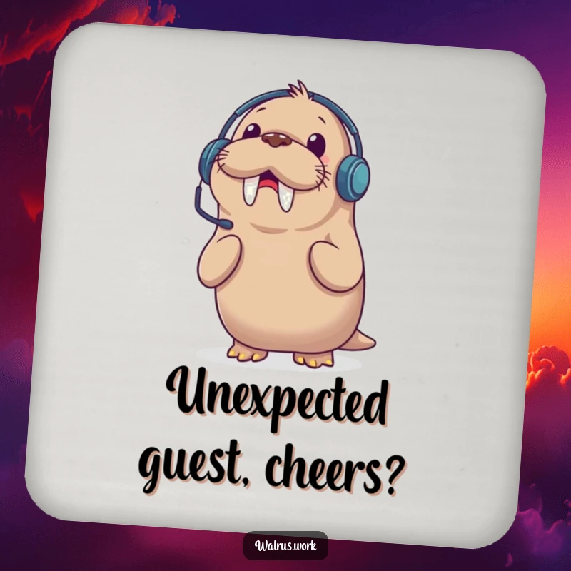 Funny drink coaster with a walrus in a headset, comically surprised by a phone call, protecting surfaces with humor.