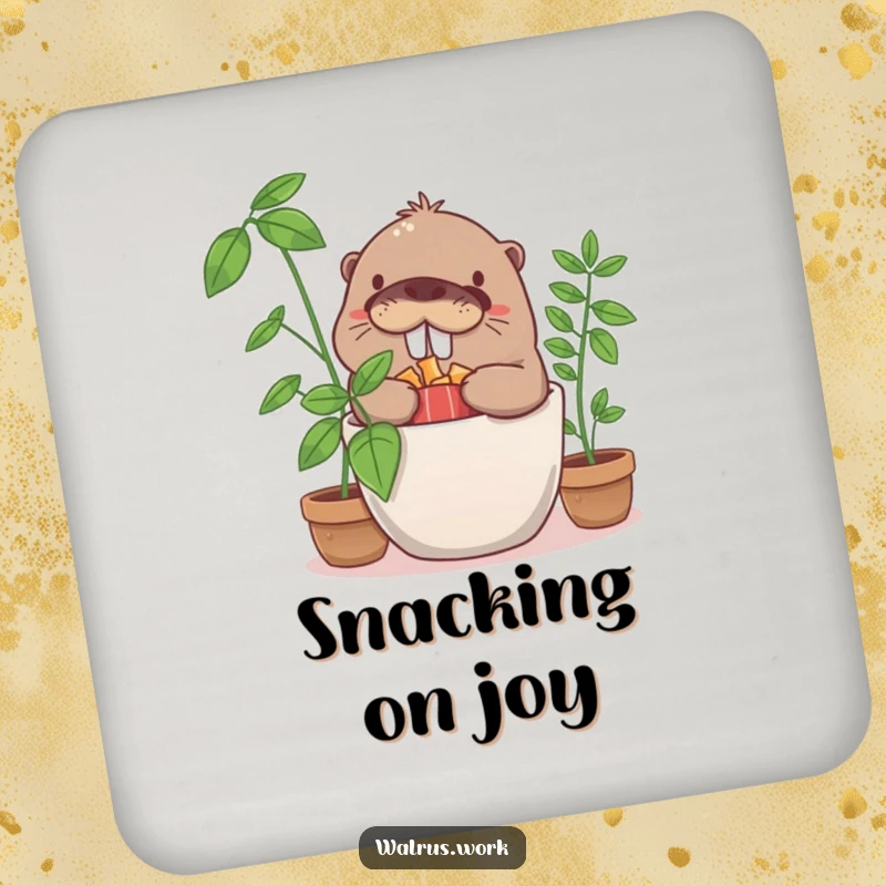 Funny giggling walrus character humorously hiding snacks in a potted plant, featured on a protective and amusing drink coaster.