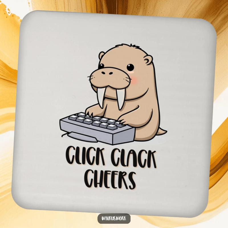 Funny coaster featuring a walrus using its tusks to type on a computer keyboard, a humorous desk accessory.
