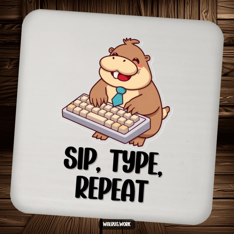 Funny walrus coasters depicting a smiling walrus in a tie typing on a comically oversized keyboard, protecting surfaces.