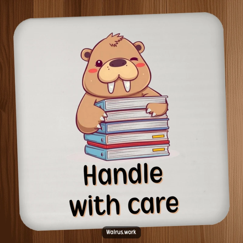 Funny drink coaster featuring a walrus peeking from documents and winking, adding charm to any table.