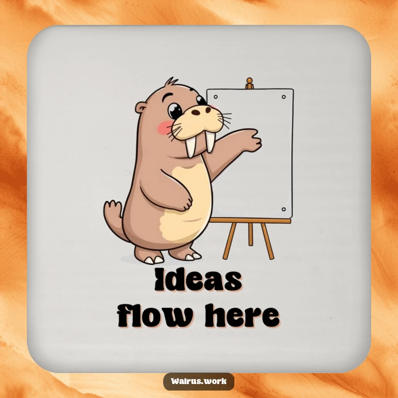 Funny coasters showing a walrus pointing at a whiteboard, adding a humorous and protective element to tabletops.