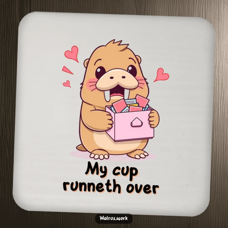 Funny drink coaster featuring a walrus holding an overflowing inbox, adding a humorous touch to any surface.