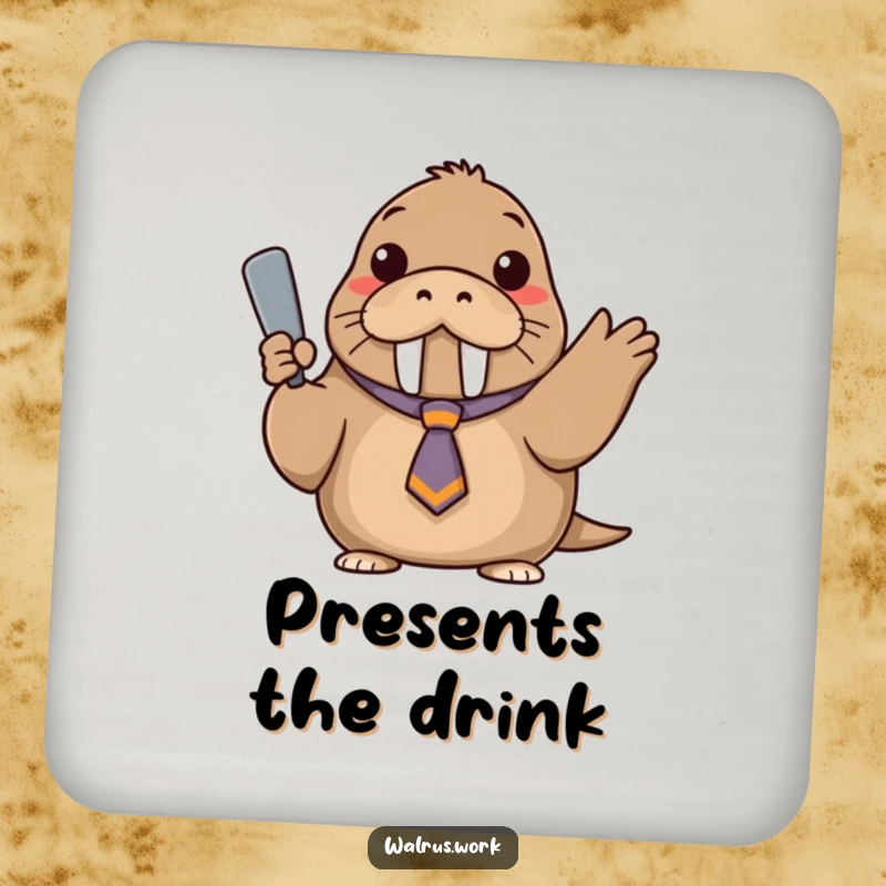 Funny drink coaster featuring a walrus wearing a tiny, askew tie, confidently gesturing with a flipper.