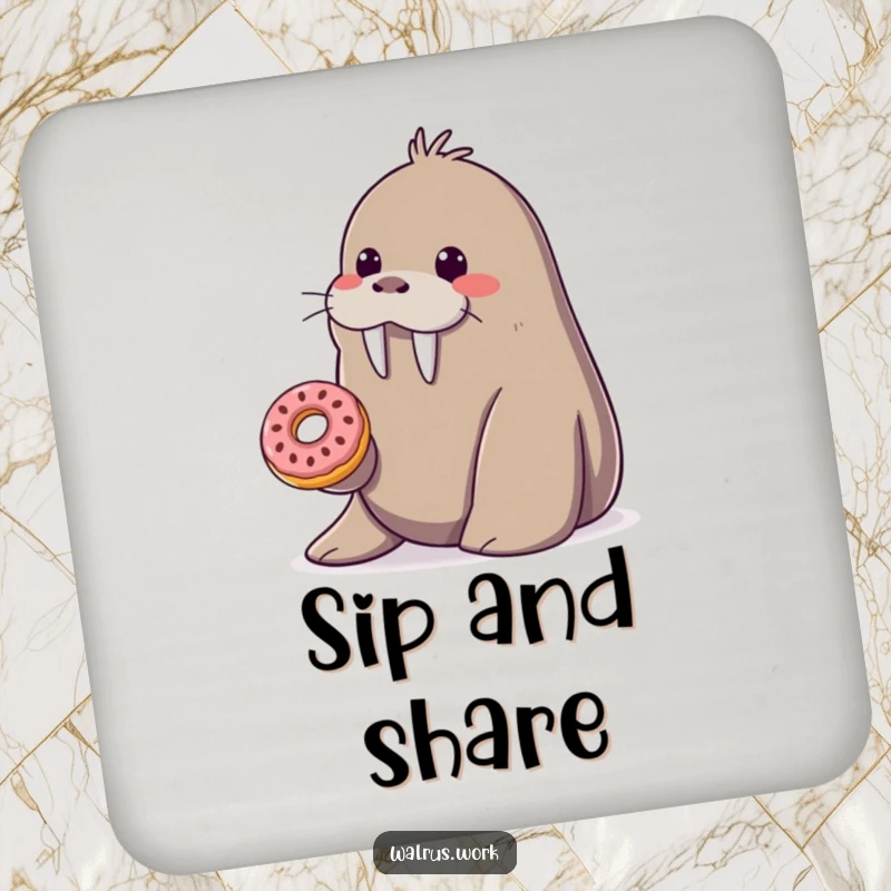 Funny smiling walrus coaster offering a tiny donut from its flipper, a practical and sweet funny gift.