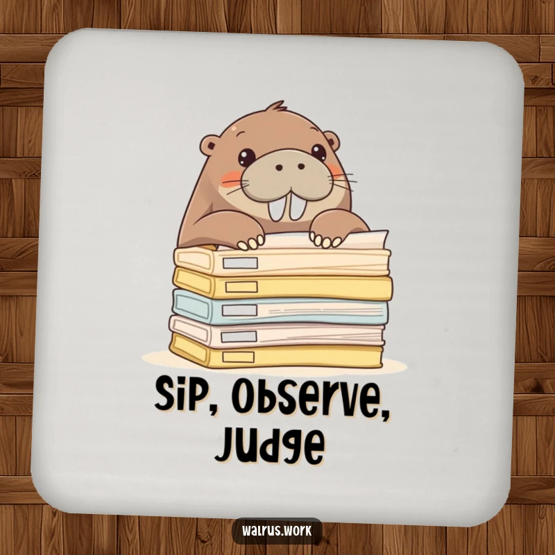 Funny walrus peeking over office folders, decorative and functional drink coaster.