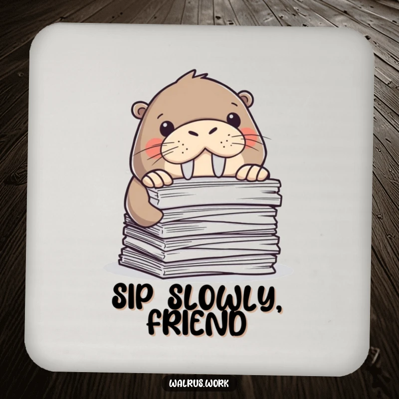 Funny drink coasters featuring a walrus peeking from papers. Protects surfaces with office humor. Gift.
