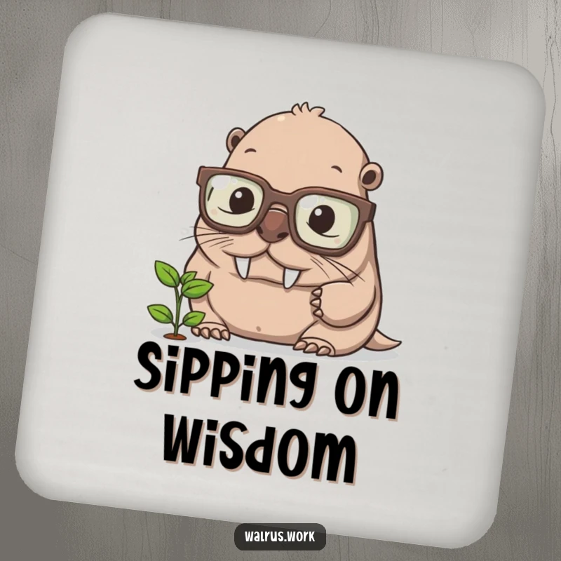 Funny walrus coaster, a studious walrus with glasses examining a tiny sprout, protecting surfaces with intelligence and humor.