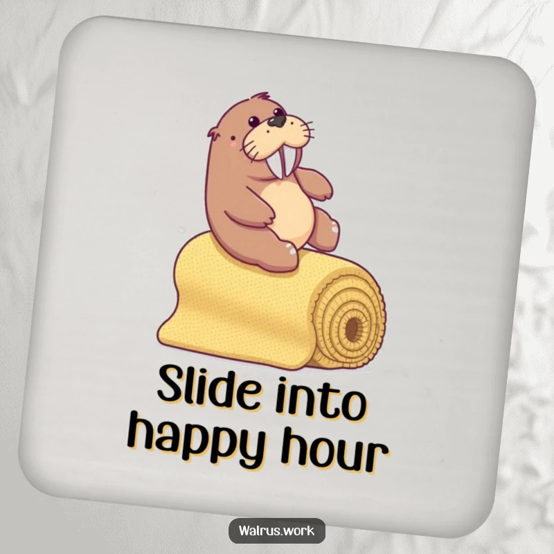 Funny walrus sliding down a carpet bannister, decorative and functional drink coaster.