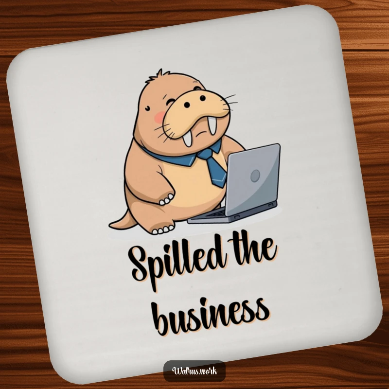 Funny drink coaster with a flustered walrus in a business tie, tripping over a laptop, adding humorous office flair.