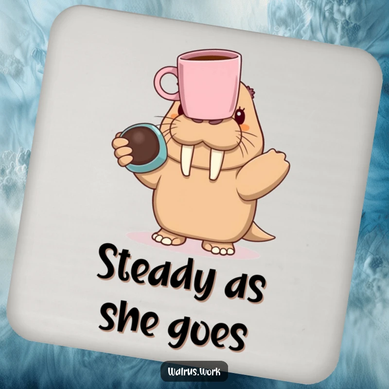 Funny walrus character humorously balancing a coffee mug on its nose, featured on a protective and amusing drink coaster.