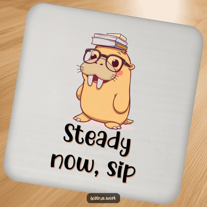 Funny drink coasters featuring a smiling walrus with glasses balancing a stack of papers on its nose, protecting surfaces with humorous style.