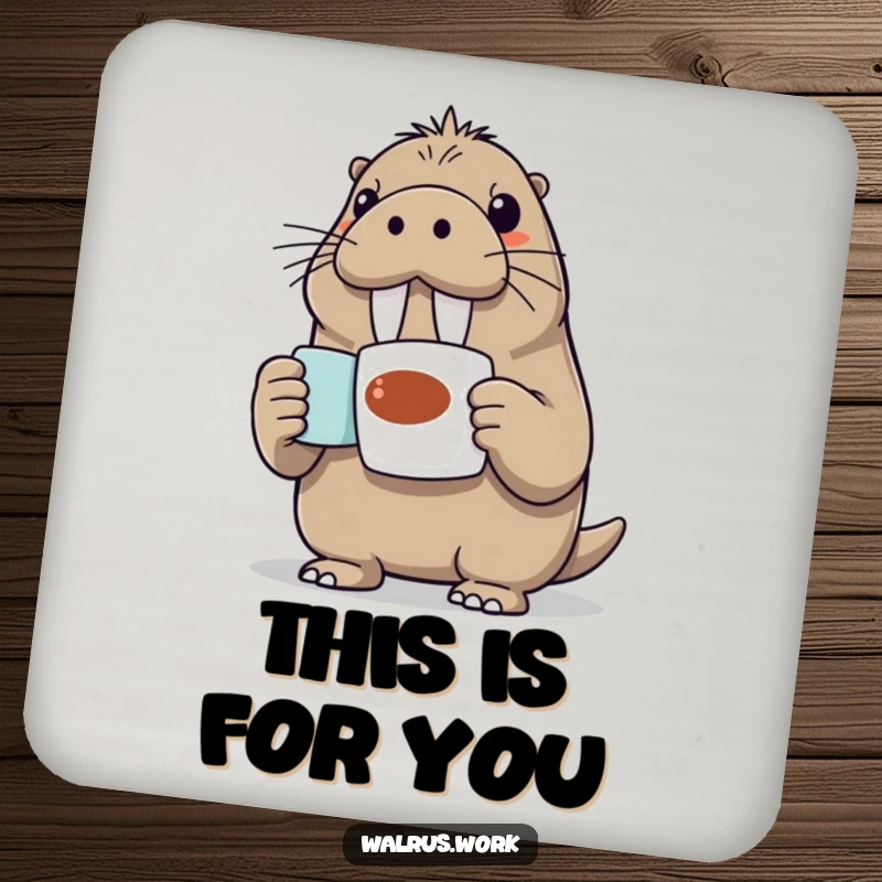 Funny Walrus Coaster: An enthusiastic walrus presents a coffee mug, protecting your surfaces with this charming and humorous coaster.