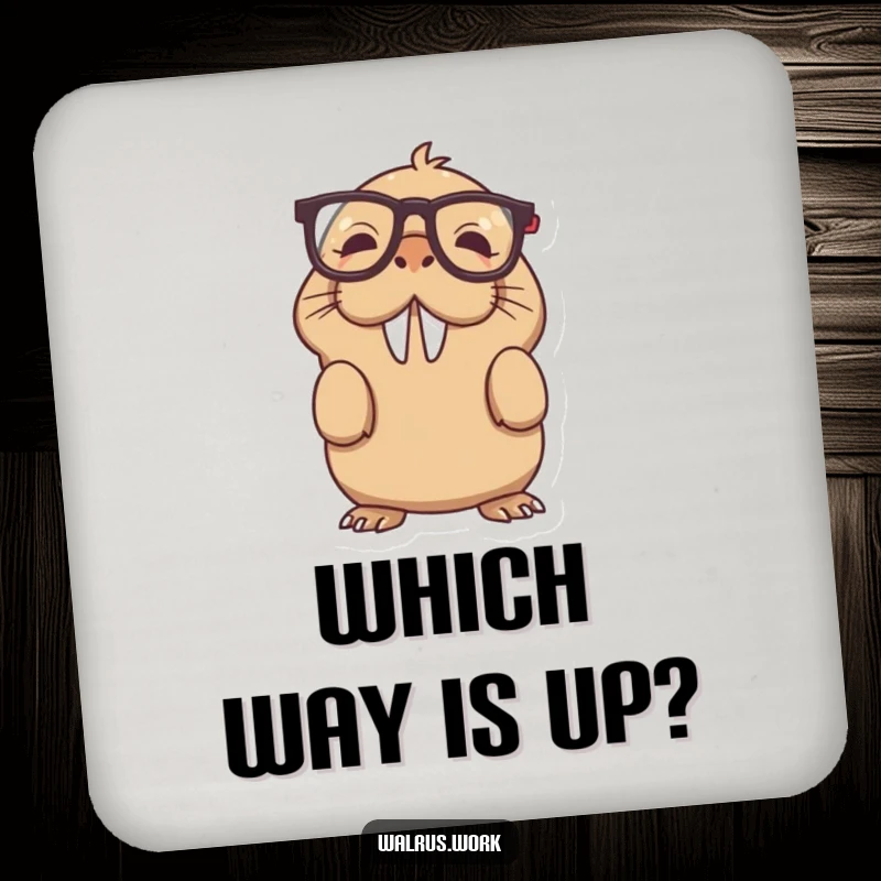Funny upside down glasses walrus coaster depicting a confused walrus in spectacles, a practical funny gift.