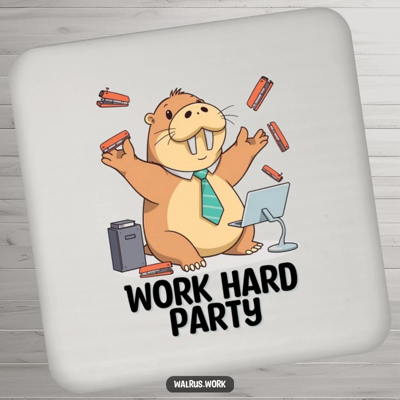Funny drink coaster with a walrus in a tie juggling staplers at a desk, adding office humor to surfaces.