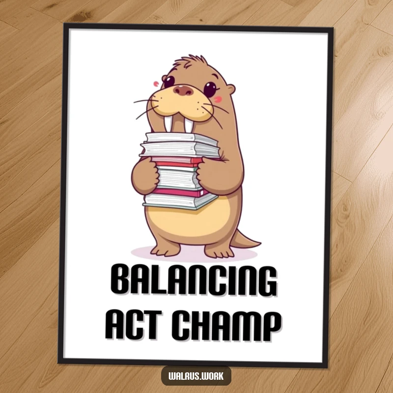 Funny poster showing a walrus barely holding a huge stack of files, capturing the essence of being overloaded with work.