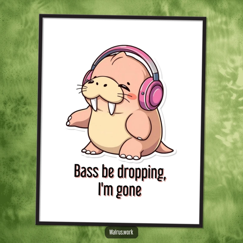 Funny walrus wearing headphones, eyes closed, bopping head to music on a vibrant poster, perfect music room decor.