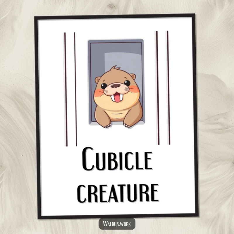 Funny poster of a walrus playfully peeking out of a cubicle wall with a cheerful smile, perfect for office decor.