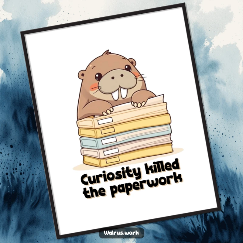 Funny walrus peeking over a massive stack of office folders, suitable for wall art.