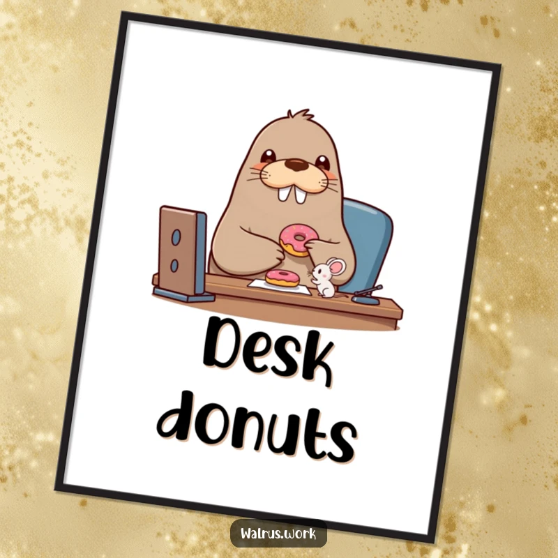 Funny walrus poster depicting a beaming walrus character sharing a donut with a tiny mouse, celebrating friendship and treats.