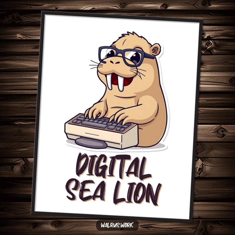 Funny typing walrus poster featuring a walrus in glasses typing rapidly on a keyboard, perfect for office or home decor.