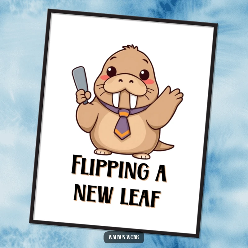 Funny poster print of a walrus wearing a tiny, askew tie, confidently gesturing with its flipper.