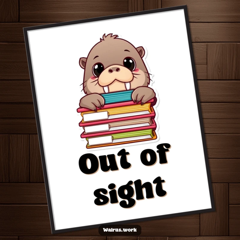 Funny poster showcasing a cute walrus with big, curious eyes, peeking from behind a towering stack of colorful file folders.