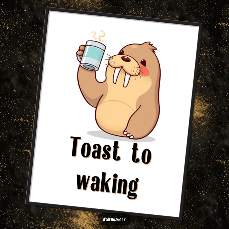 Funny poster art of a cute Kawaii walrus joyfully raising a coffee mug in a toast, symbolizing celebration and good times.