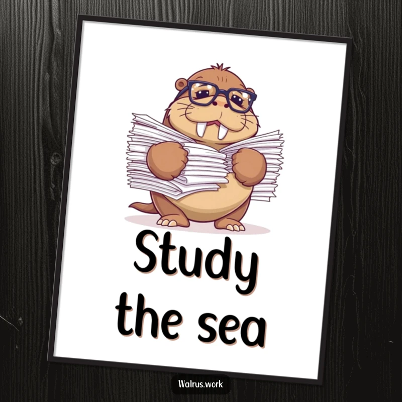 Funny poster print of a walrus with reading glasses comically struggling with a massive stack of papers.
