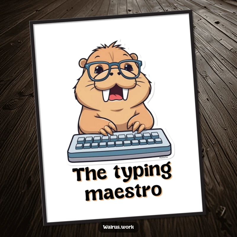 Funny poster art of a walrus wearing glasses, typing excitedly on a keyboard, embodying a humorous spirit of digital creation.