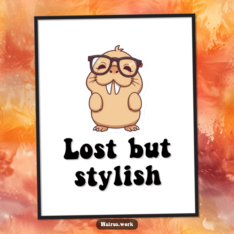 Funny upside down glasses walrus poster illustrating a confused sea mammal with eyewear askew, a quirky funny gift.
