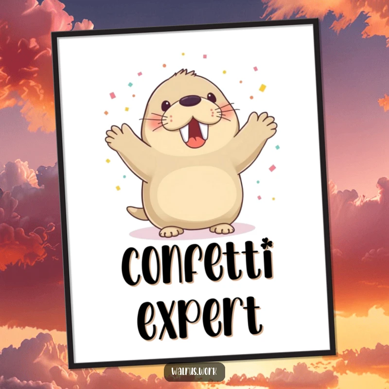 Funny walrus poster with a walrus cheering and confetti falling, perfect for festive decor.