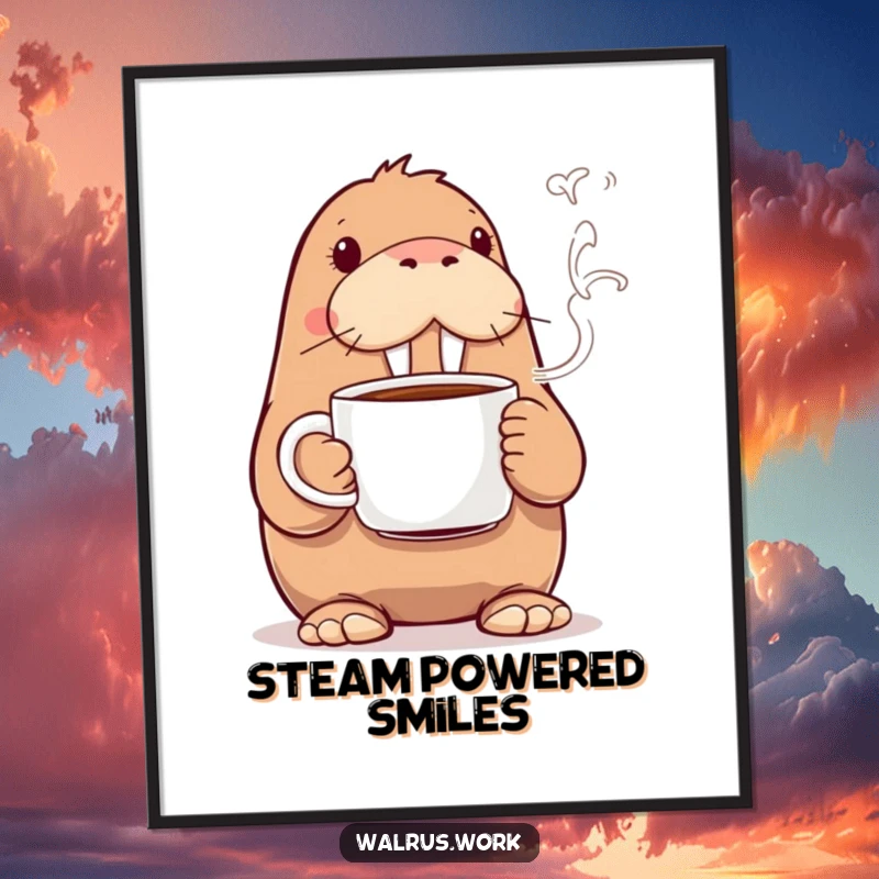 Funny walrus coffee poster showing a walrus holding a hot mug with swirling steam, bringing cheerful and humorous wall decor.
