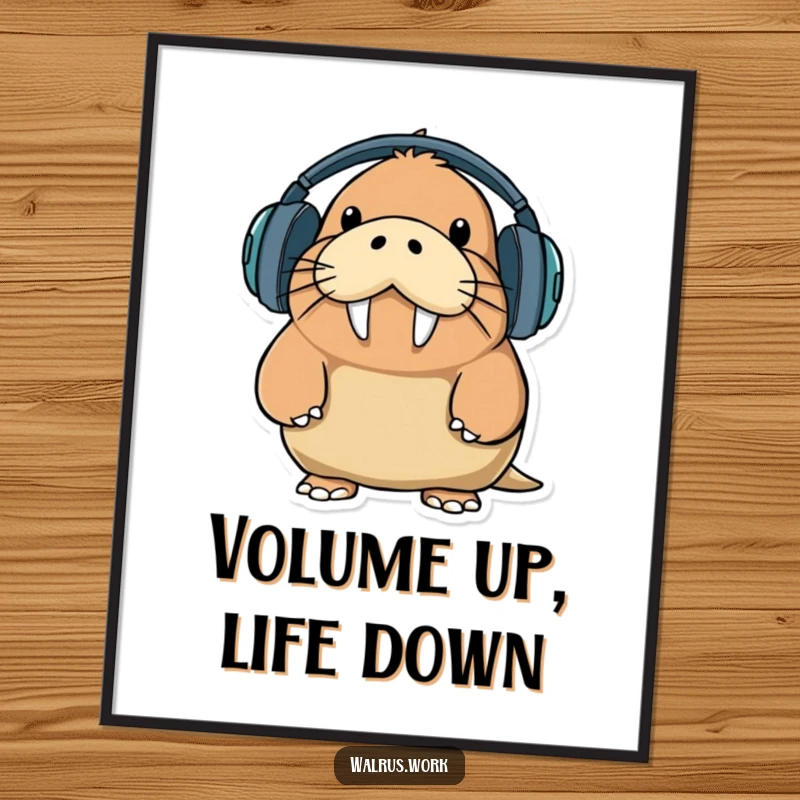 Funny walrus character hilariously attempting to wear oversized headphones with a comical expression, framed as wall art.