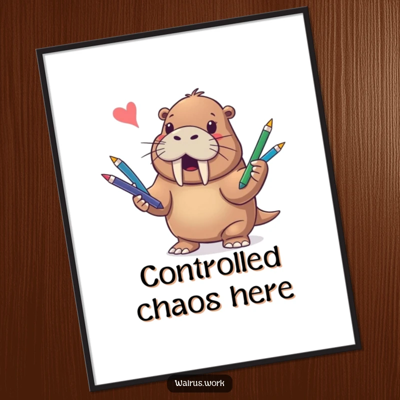 Funny poster displaying a cheerful walrus artistically juggling an array of colorful pens with great concentration and joy.