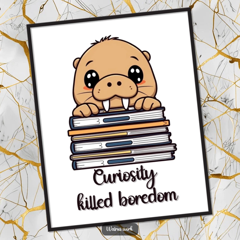 Funny walrus poster depicting a curious sea mammal peering over a stack of office documents, adding a playful and intriguing element to decor.