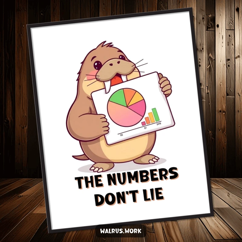Funny walrus poster showing a walrus confidently presenting a pie chart, adding humor to wall art.