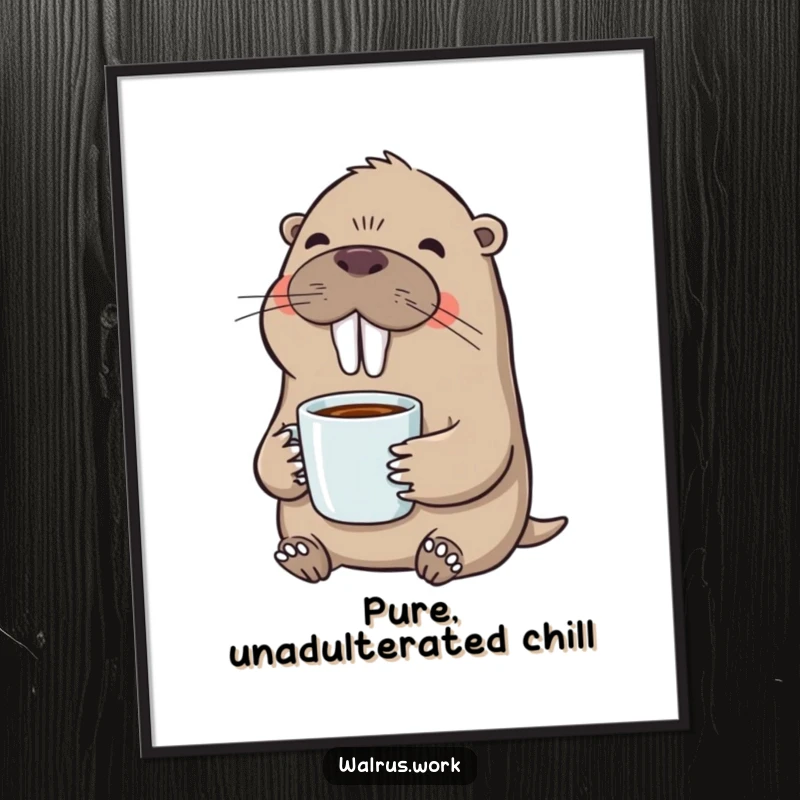 Funny poster of a walrus contentedly sipping coffee, bringing a smile and humorous charm to any room’s decor.